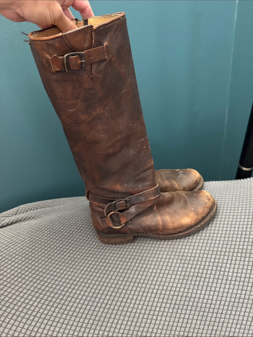 Frye- Size 6B Brown Leather Riding Boots with Buckle Detail, Well Loved.